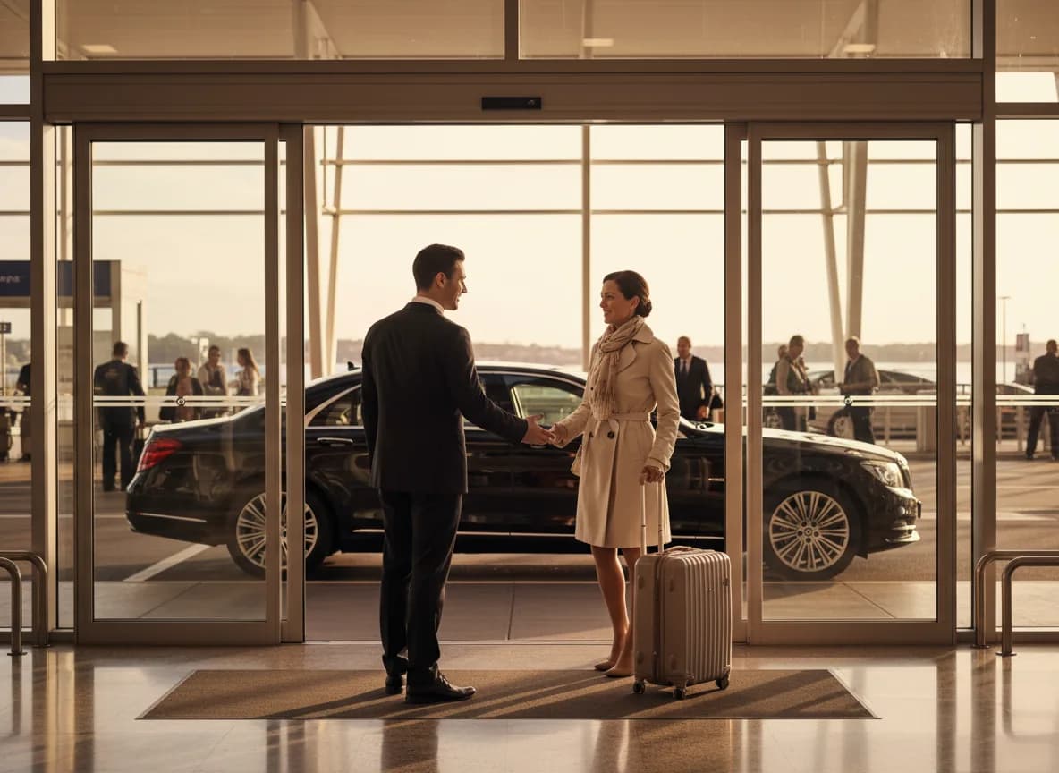 Chauffeur greeting an arriving passenger at Sydney Airport arrivals hall