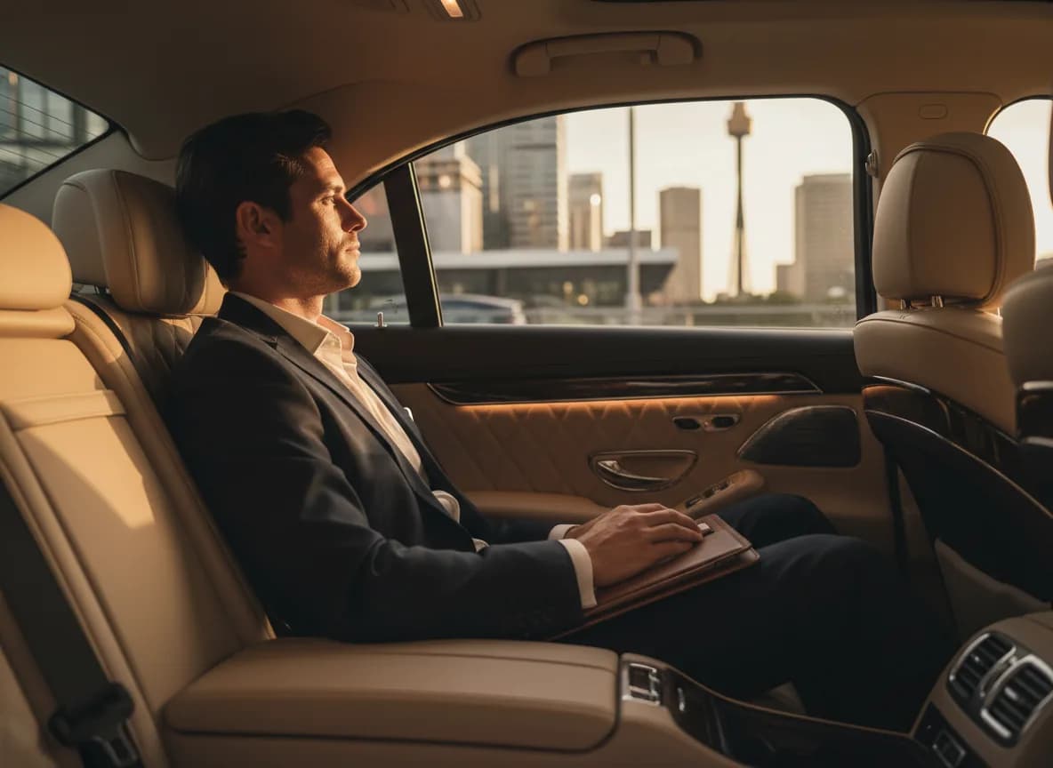 Executive being driven through the Sydney CBD in a luxury chauffeur sedan