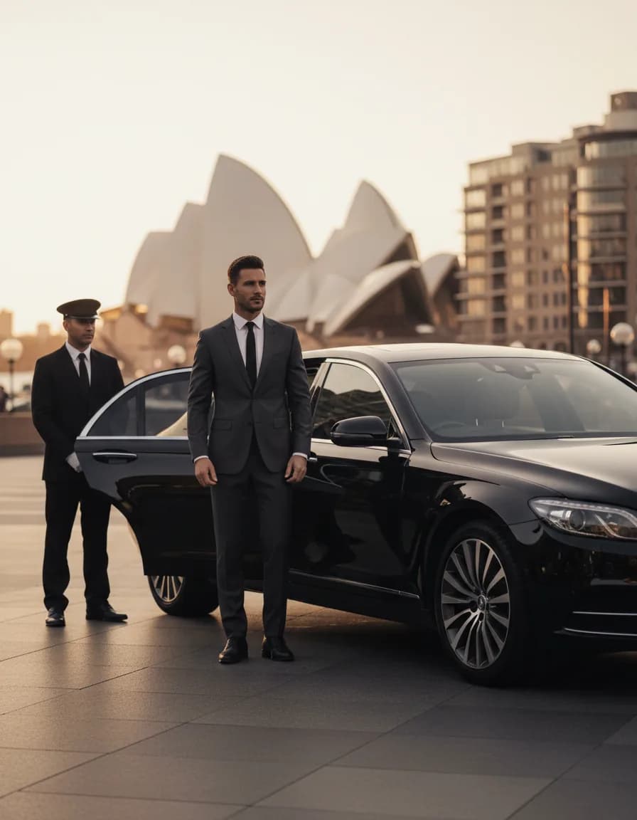 Businessman beside a black luxury chauffeur sedan on a Sydney street